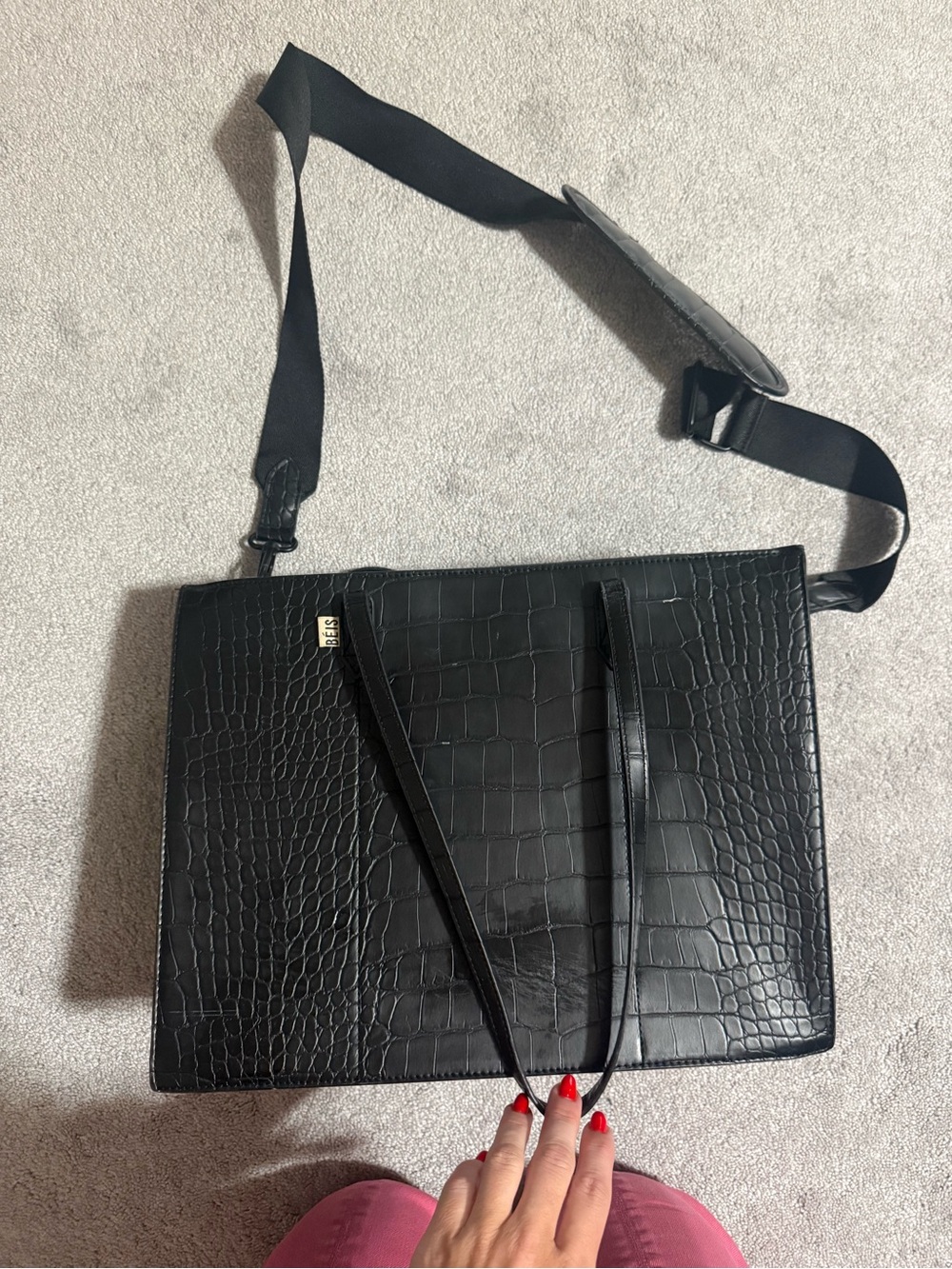 BEIS Black Croc-Embossed Messenger Tote with Detachable Strap